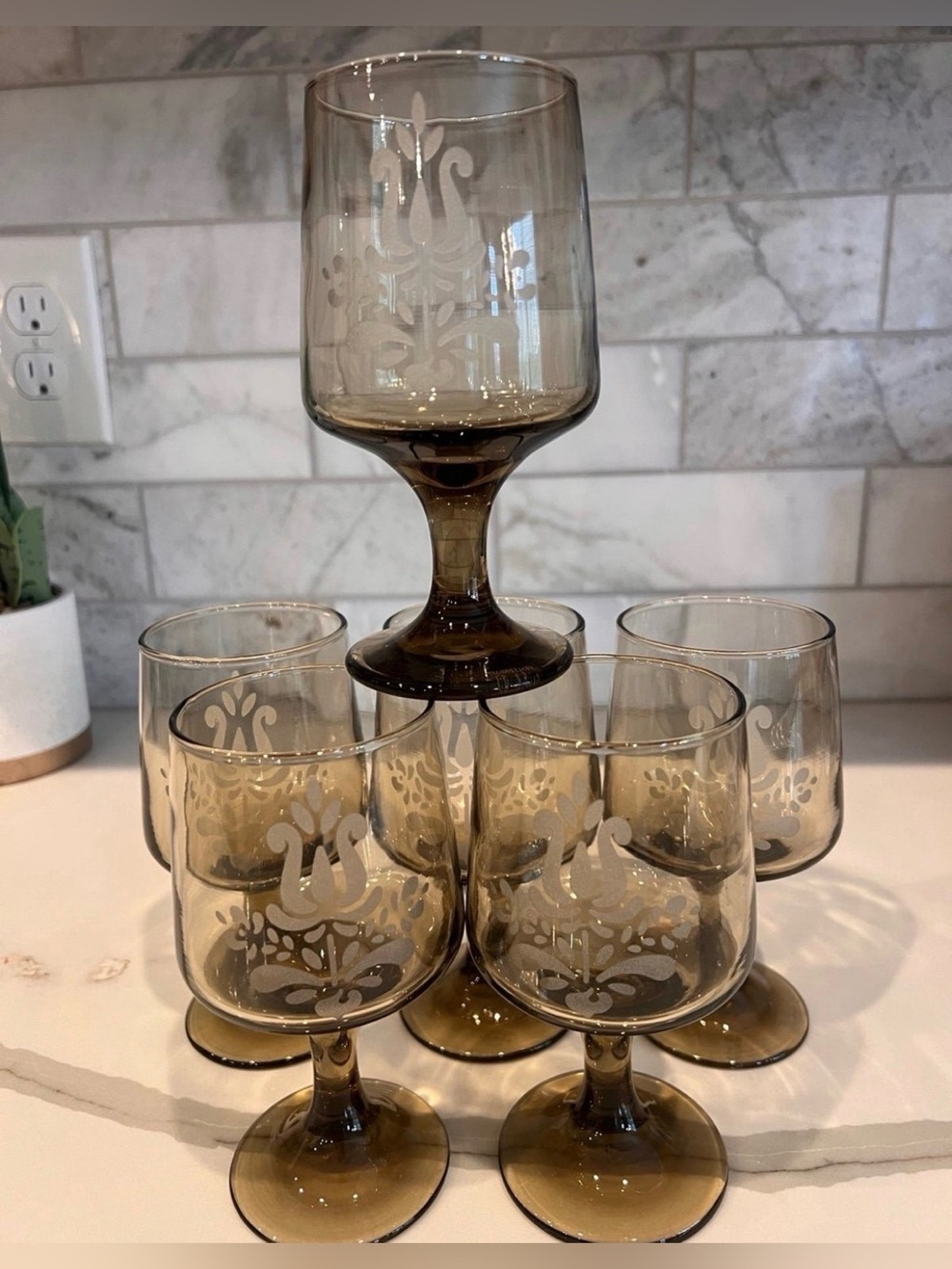 Vintage 1970s Pfaltzgraff Village
Wine/water Glasses Smoke Brown  Set of 6